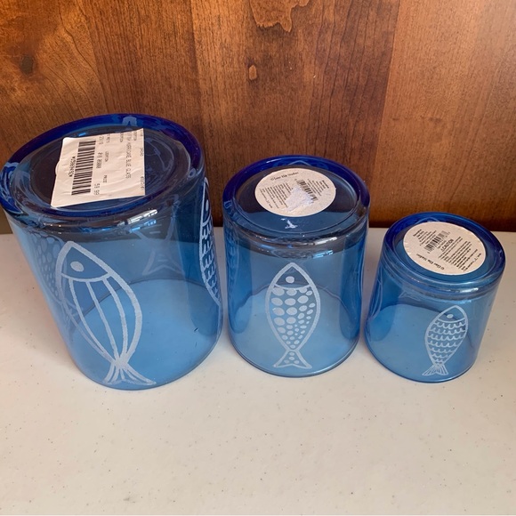 Lone Elm Studios Set of 3 Cobalt Blue Hurricane Lamps Votives Etched Fish - Picture 7 of 9